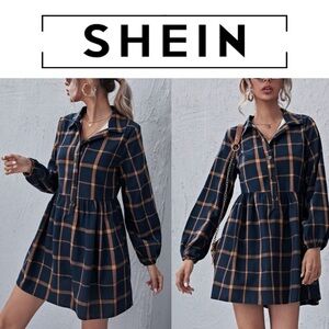 SHEIN Long Sleeve Plaid Dress in Navy and Orange